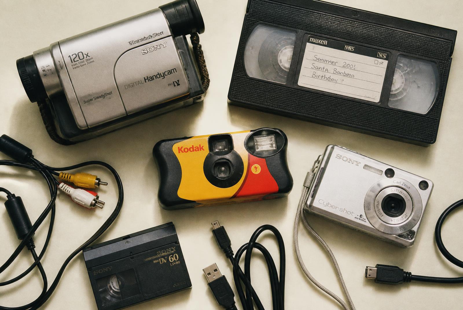 MiniDV camcorder, VHS tape, disposable camera and a silver point-and-shoot laid out on paper